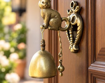 May include: A brass-toned metal door bell featuring a seated cat figure mounted on a decorative wall plate. A smooth, dome-shaped bell hangs from the cat's front paws, while a thin, wavy metal chain with a small sphere hangs from the side.
