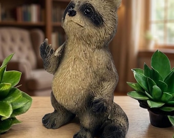 Top Brass Rude Raccoon Figurine – Funny Middle Finger Raccoon Statue, Cheeky Desk Decor, Whimsical Animal Figurine, Funny Desk Ornament