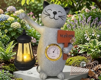 Cat Statue with Solar Lantern, Cat Solar Garden Statue with Hanging Lantern, Outdoor Cat Garden Decor, Cat Lover Gift, Outdoor Sculpture