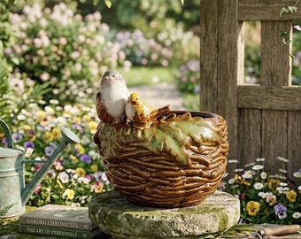 Ceramic Bird Nest Planter with Figurines – 5” Succulent Pot, Rustic Flower Planter for Home Garden Decor, Cute Bird Planter Gift