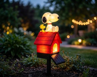 Snoopy Doghouse Resin Solar Garden Stake Light, Outdoor Yard Landscape Ornament, Warm LED Decor Gift for Backyard & Glowing Pet Lover Gift.