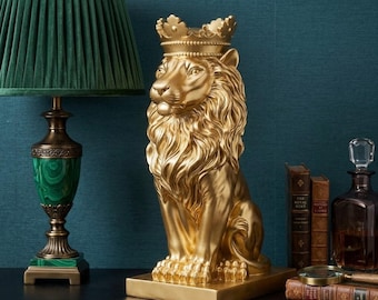 Gold Crown Lion Statue for Home Decor, Luxury King Lion Figurine, Living Room Shelf Accent, Office Desk Sculpture