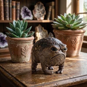 May include: A brown, textured, round creature figurine with a grumpy facial expression, dark eyes, and a downturned mouth, positioned between two terracotta pots containing green succulent plants on a wooden surface.