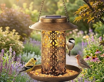 Solar Bird Feeder Lantern Hanging, Outdoor Metal Bird Feeder with Light, Garden Decor, Waterproof Backyard Patio Bird Feeder Gift