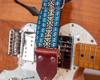 Vintage Guitar Strap « Mesa Blue » - Full-Grain Leather Ends - Handcrafted in France