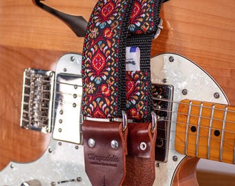 Vintage Guitar Strap « Peacock Red » - Full-Grain Leather Ends - Handcrafted in France