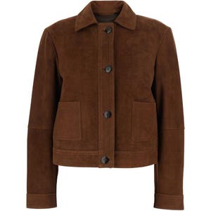 May include: A brown suede jacket with a collared neckline, button-up front, and two front pockets. The jacket has long sleeves and a tailored fit. The color is a rich, warm brown.