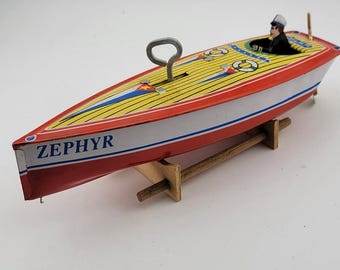 Vintage 1996 Schylling Tin Speedboat Zephyr Wind up Toy LIMITED