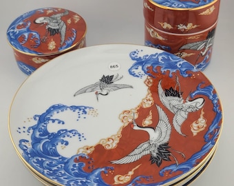 Set 4 Plates & 2 Lidded Jars Takahashi Japan Kutani Style Crane and Wave Porcelain