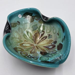 Unique Vintage Studio Art Glass Freeform Bowl Turquoise Black Millefiori Style