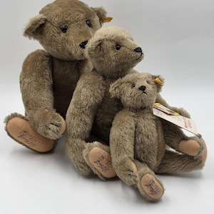 May include: Three brown teddy bears of varying sizes are arranged together. The bears have dark eyes, stitched noses, and soft, plush fur. Each bear has a tag attached. The bears are sitting with their arms and legs extended.