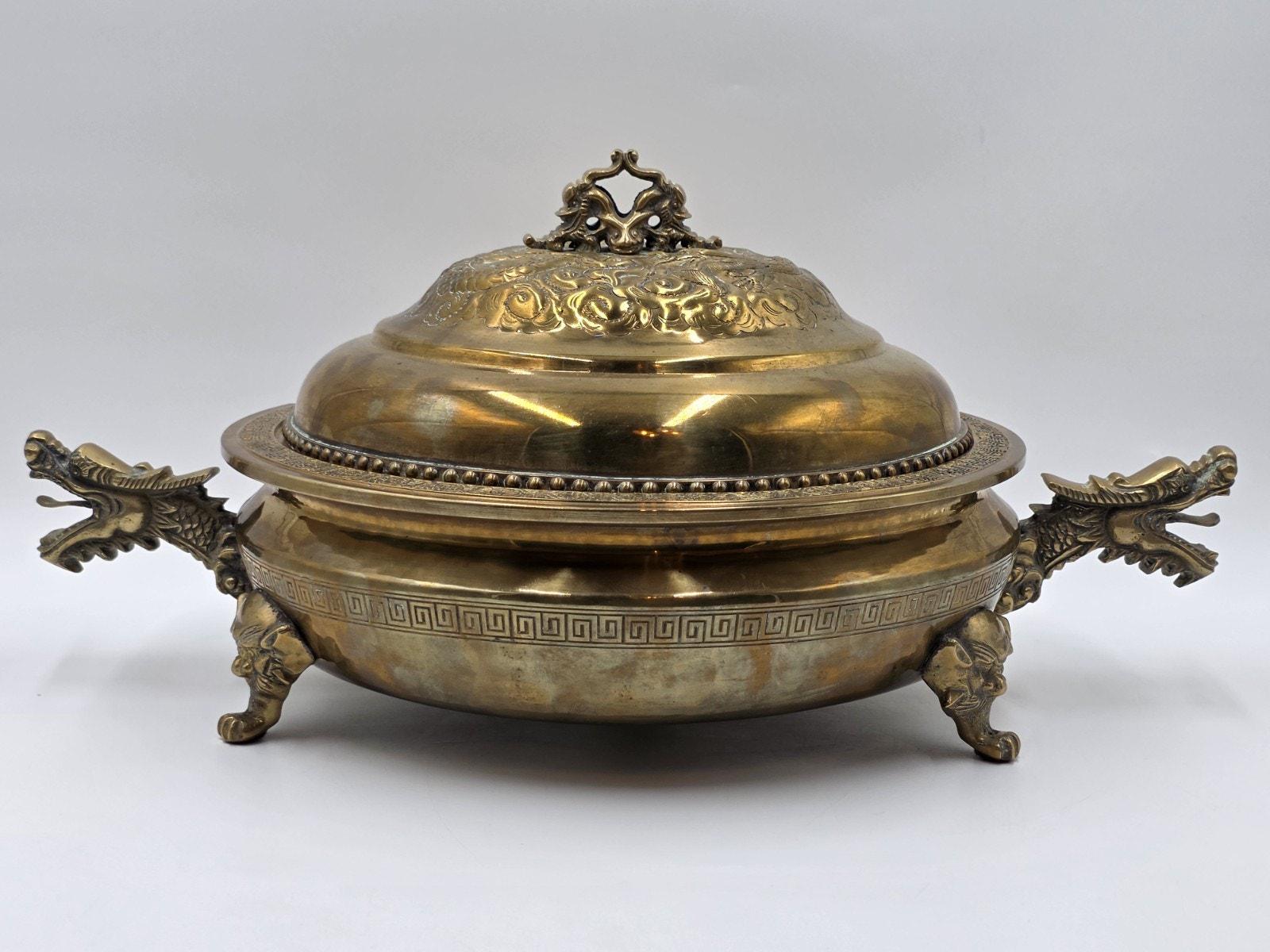 Antique Chinese Brass Dragon Handle Lidded Tureen Qing Hot Pot