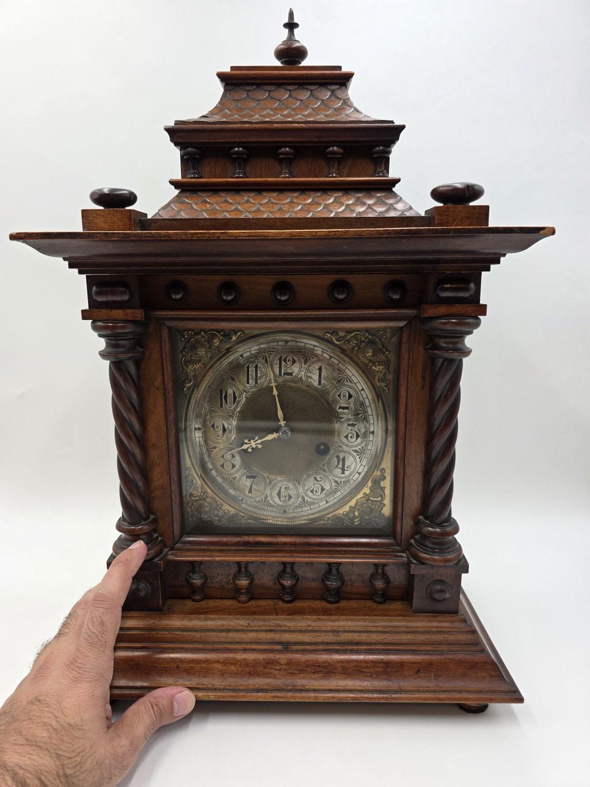 Rare Antique 1895 HAC 14 Day Strike Mantel Clock Carved Walnut