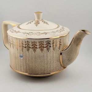 Vintage Sadler England Porcelain Tea Pot 6" Crackled Cream Gold Trim Mid Century 1950s Windsor