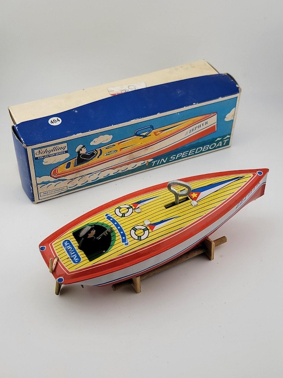Vintage 1996 Schylling Tin Speedboat Zephyr Wind up Toy LIMITED
