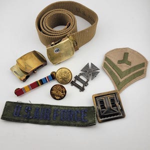 WW2 & Vietnam War Militaria Lot: Sterling Silver Marksman Medal, Belt Buckles, Patches Collectibles