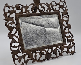 Antique Victorian Cast Iron Vanity Mirror with Ornate Scrollwork Easel Frame c. 1890