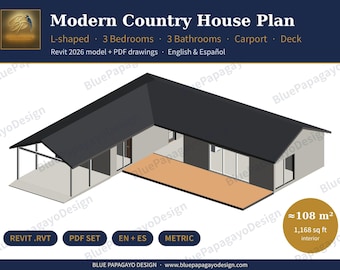 Modern L-Shaped House Plan, 3 Bedrooms/3 Bathrooms, Carport, Deck (Revit 2026 + PDF)
