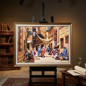 Puede incluir: Una pintura enmarcada sobre un caballete representa una escena callejera de Oriente Medio con figuras vestidas con trajes tradicionales. La obra de arte presenta tonos cálidos, con un marco dorado y un caballete negro. Estanterías y una mesa con un rollo están en el fondo.