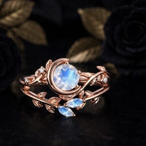 Förlovningsring i roséguld med månsten, stapelbar ring, blad, vinranka, naturinspirerad bröllopspresent till henne