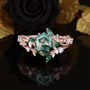 Hexagon Moss Agate Engagement Ring, 14K Rose Gold Leaf Vintage Stacking Bridal Set