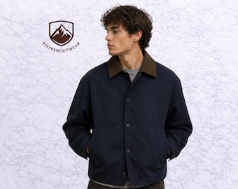 Navy Blue Minimalist Jacket | Brown Corduroy Collar, Vintage Style Coat