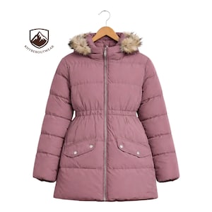 May include: A dusky pink puffer jacket with a faux fur-trimmed hood, a cinched waist, and two front pockets. The jacket is suspended from a wooden hanger. The brand logo is in the upper left corner.