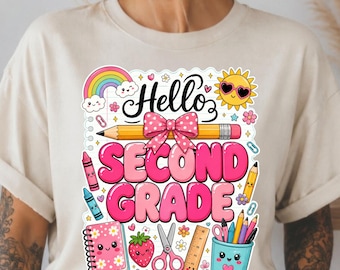 First Day of School 2nd Grade Hello Second Grade Girl Bow PNG: Back to School Design Second Grade png Cute School Clipart (Digital Download)