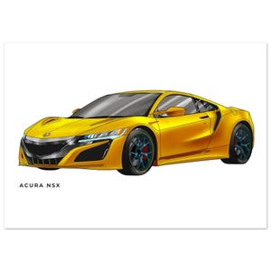 Könnte beinhalten: Illustration eines gelben Acura NSX-Sportwagens. Das Auto hat schwarze und silberne Akzente, blau-rote Räder und ein stromlinienförmiges Design. Der Text "ACURA NSX" ist unten links in Schwarz gedruckt.