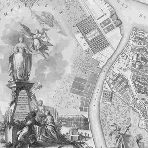 Puede incluir: Un mapa antiguo en blanco y negro de una ciudad, con un río y una disposición urbana detallada. El mapa incluye representaciones intrincadas de edificios y calles, con elementos decorativos en las esquinas. Medidas no incluidas.