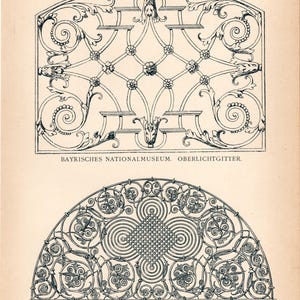 May include: A black and white line drawing on paper featuring two decorative metal grilles. The top rectangular grille has floral scrolls. The bottom semi-circular grille features intricate geometric patterns and text: BAYRISCHES NATIONALMUSEUM. OBERLICHTGITTER. FRANKFURT A. M. OBERLICHTGITTER VOM SALZHAUSE. Aufgenommen von J. Mittelsdorf.