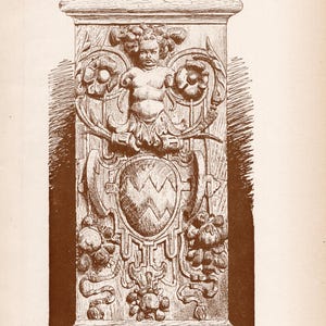 May include: An antique illustration of a carved pilaster base from the Mainz Cathedral choir stall. The detailed artwork features a cherubic figure, floral motifs, and a central shield design. The image is in sepia tones.