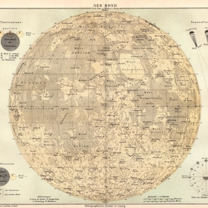 May include: An antique map of the moon, featuring detailed cartography of lunar features. The map is in sepia tones with German text, including the title "DER MOND." It includes diagrams of eclipses and phases of the moon.