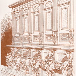 May include: An architectural illustration in sepia tones depicts a detailed church choir stall. The drawing shows ornate carvings, columns, and arched panels. The text at the bottom reads "MAINZ. CHORGESTÜHL IN DER DOMKAPELLE."