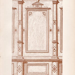 May include: An architectural illustration of a wooden wall panel with intricate details. The panel features a central rectangular section with a lighter wood grain, framed by decorative moldings and vertical supports. The text at the bottom reads "SCHLOSS VELTHURNS. VERTAFELUNG."