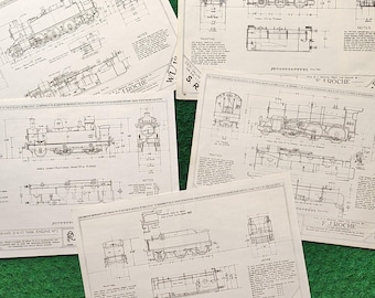 Set di progetti ferroviari del 1976, disegni in scala di locomotive a vapore d'epoca (anni 1880-1940)