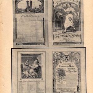 May include: A vintage page featuring four framed advertisements. The top left displays a cityscape with the text "Kalte Speisen." The top right shows a woman with a lion and the text "Mathäfer Bräu." The bottom two frames contain text and illustrations, including "Löwenbräu-Keller München."