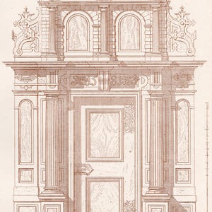 May include: An architectural drawing of a door, featuring a detailed design with columns, arches, and decorative elements. The drawing is in sepia tones, showcasing the intricate details of the structure. Text at the bottom reads "SCHLOSS LICHTENBERG. ZIMMERTHÜR."