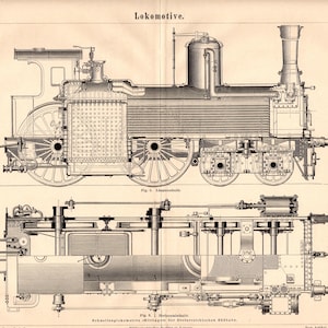 Könnte beinhalten: Eine antike Illustration einer Lokomotive mit detaillierten Querschnitten des Motors und seiner Komponenten. Die obere Ansicht zeigt den kompletten Motor, während die untere Ansicht einen detaillierten Blick auf die inneren Mechanismen bietet. Der Text "Lokomotive" steht oben.