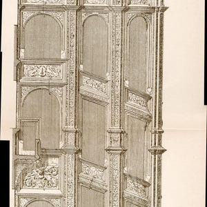 May include: Detailed architectural illustration of a building facade. The image features ornate carvings, arched windows, and a decorative balcony. The style suggests a historical or classical design, with intricate detailing throughout the structure.