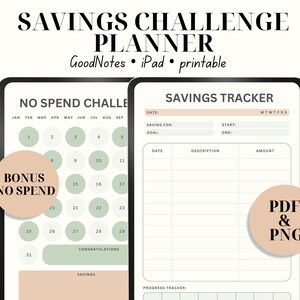 May include: Digital savings challenge planner with a minimalist design. The planner includes a "No Spend Challenge" and a "Savings Tracker" with sections for date, description, and amount. The text "PDF & PNG" is also visible.