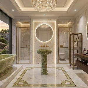 May include: A bathroom featuring a green onyx pedestal sink and a matching green onyx freestanding bathtub. The room includes white marble walls and flooring with gold accents, a round backlit mirror, a glass shower enclosure, and a metal shelf.