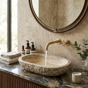 Puede incluir: Un lavabo ovalado de piedra tallada de forma irregular se asienta sobre una encimera de mármol oscuro. Un grifo de pared de latón vierte agua en el cuenco. Cerca hay tres botellas de vidrio ámbar, toallas de lino beige y una vela.