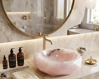 Pink Onyx Diamond Faceted Vessel Sink – Hand-Carved Geometric Stone Basin 16", Luxury Bathroom Vanity, Natural Rose Stone Decor