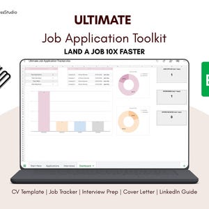 Puede incluir: Un portátil que muestra una herramienta de seguimiento de solicitudes de empleo con gráficos. El texto dice "ULTIMATE Job Application Toolkit" y "LAND A JOB 10X FASTER." El texto adicional incluye "CV Template | Job Tracker | Interview Prep | Cover Letter | LinkedIn Guide."