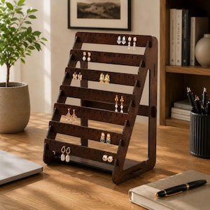 Walnut Wood Earring Holder Stand, 7 Tier Jewelry Organizer, Earring Display Rack for Stud & Dangle Earrings, Jewelry Storage