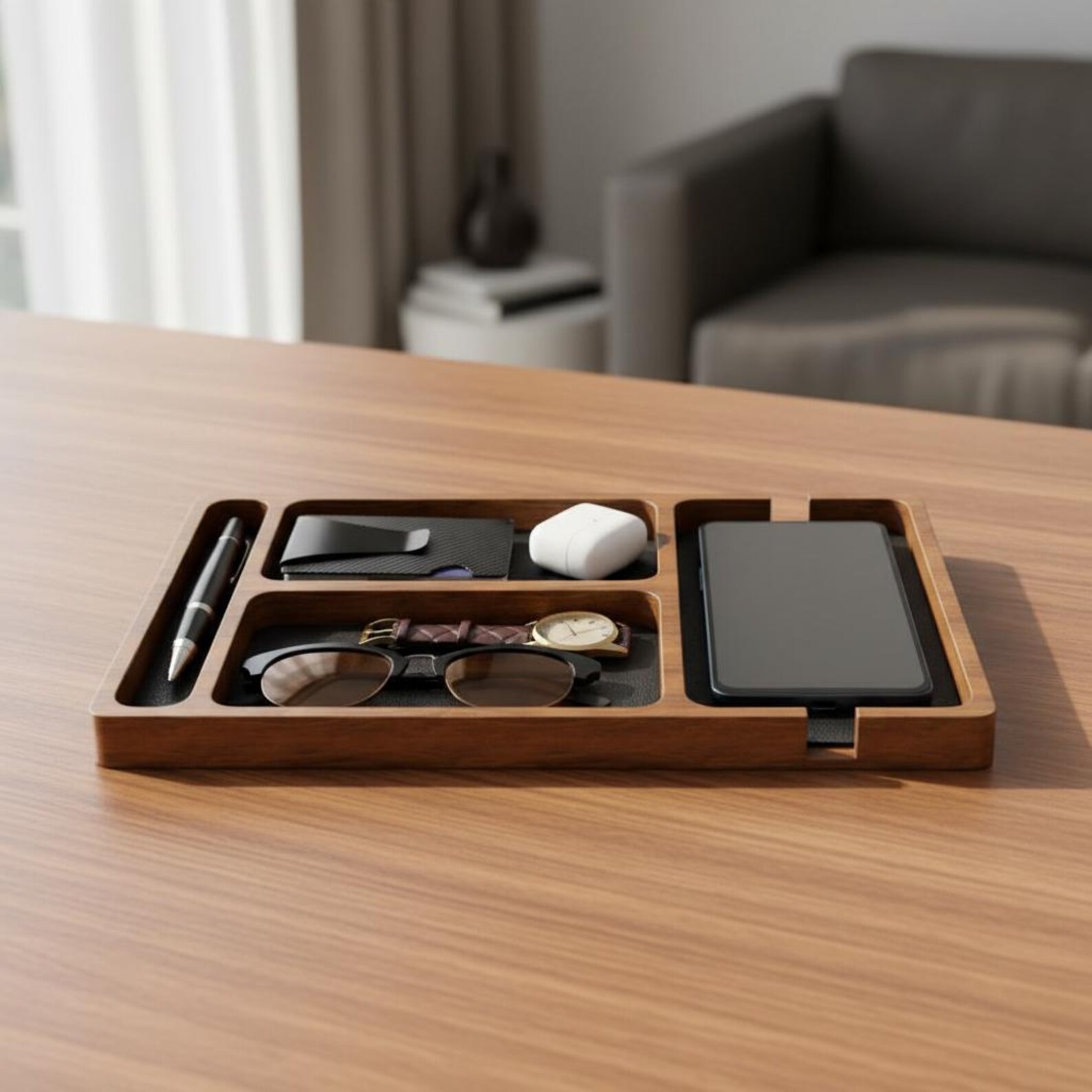Wooden Valet Tray Desk Organizer Walnut Phone Dock Wallet Watch Holder ...