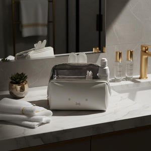 May include: A white cosmetic bag with bunny ear detailing and a Miffy face design. The bag is open, showing a clear interior with a zip closure. A small white bunny figure and a bottle are inside. The bag rests on a marble countertop.