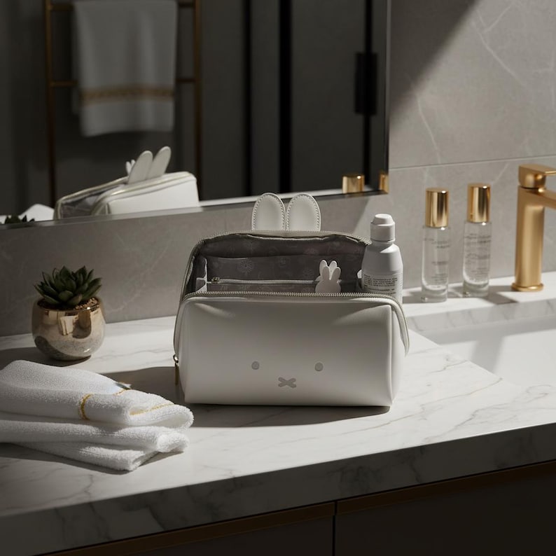 May include: A white cosmetic bag with bunny ear detailing and a Miffy face design. The bag is open, showing a clear interior with a zip closure. A small white bunny figure and a bottle are inside. The bag rests on a marble countertop.