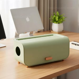 Pode incluir: Uma caixa de gestão de cabos verde sálvia com formato retangular arredondado. Possui uma ranhura na parte superior e uma abertura circular em uma extremidade. A caixa tem pequenas pernas de madeira e uma alça cor de cobre. Um laptop e uma pequena planta em vaso estão ao fundo.